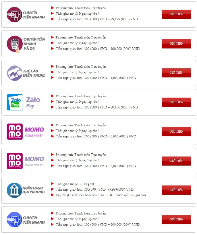 Phương thức nạp tiền tại bet